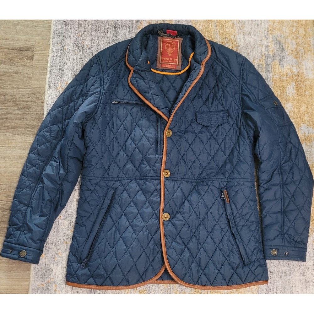 Beautiful English Eutopia Men's Quilted Navy Jacket with Tan Trim